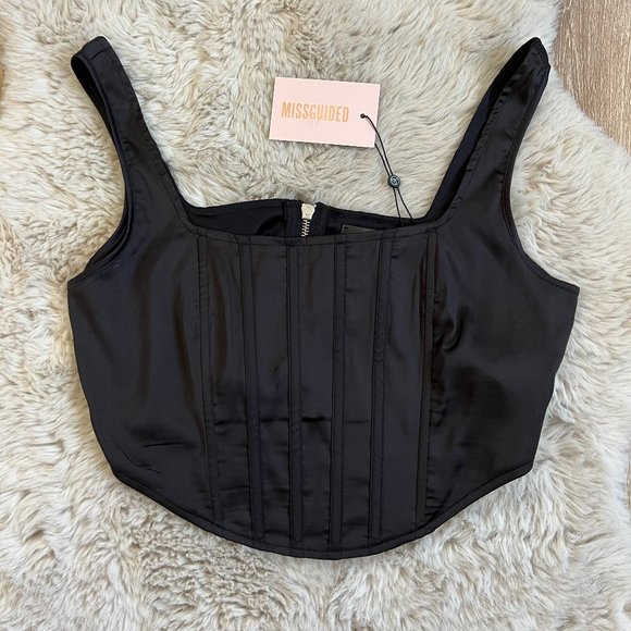 MISSGUIDED WOMEN'S SLEEVELESS BLACK SATIN CORSET CROP TOP - Picture 1 of 2